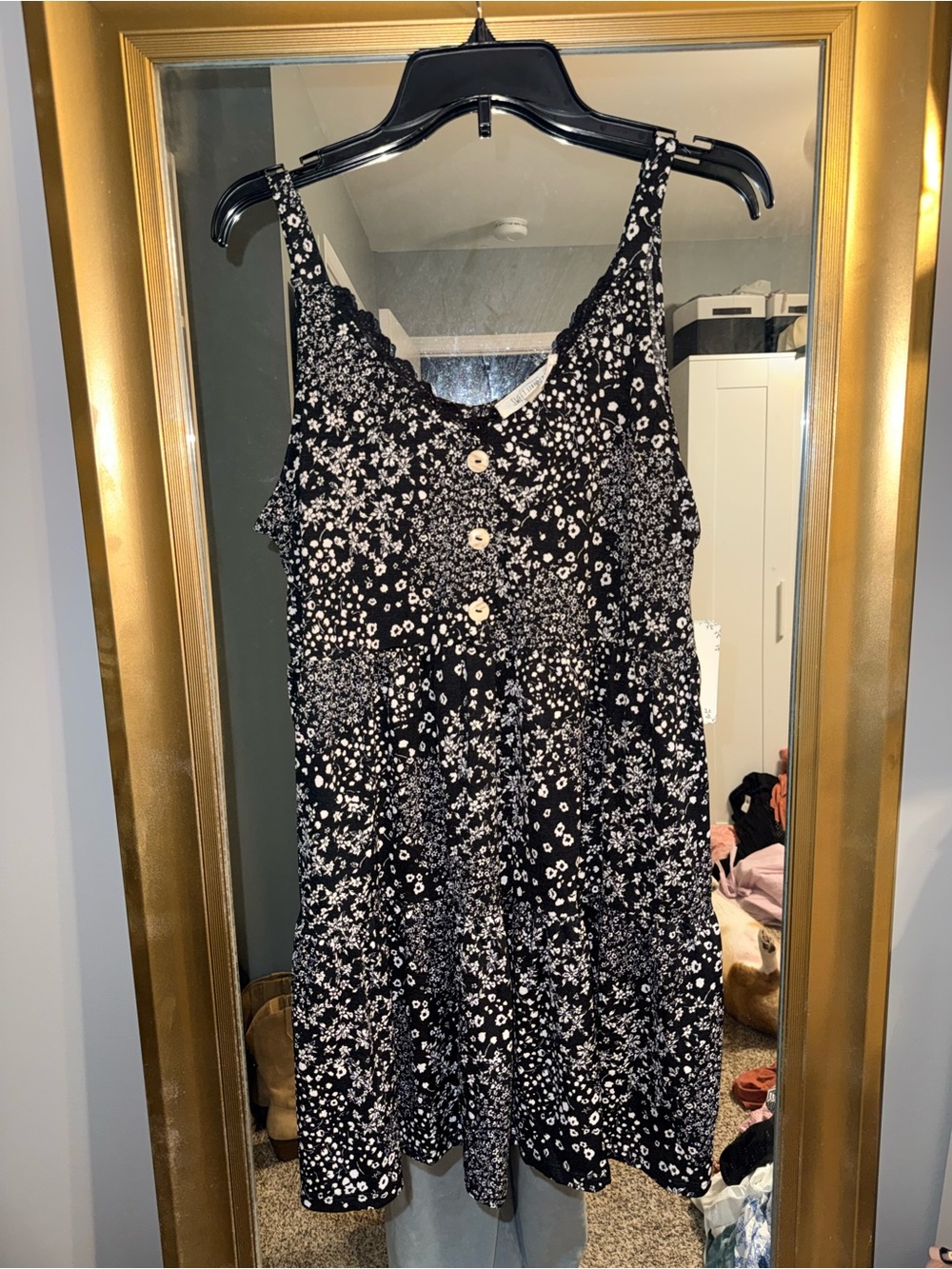 Sweet Wanderer Black & White Floral Button-Front Mini Dress